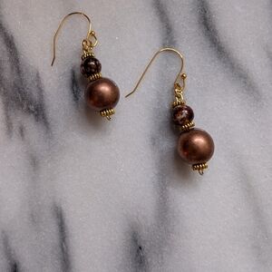 Handcrafted Gold Plated Brown Marbled & Bronze Beaded Pierced Earrings